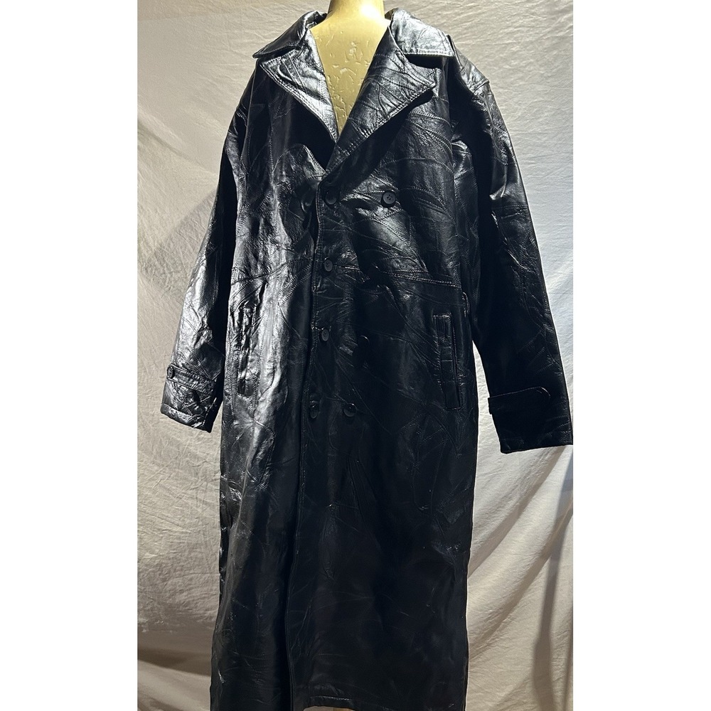 VTG Navarre Leather Co Mens XL Black Patchwork Trench Coat Duster Matrix